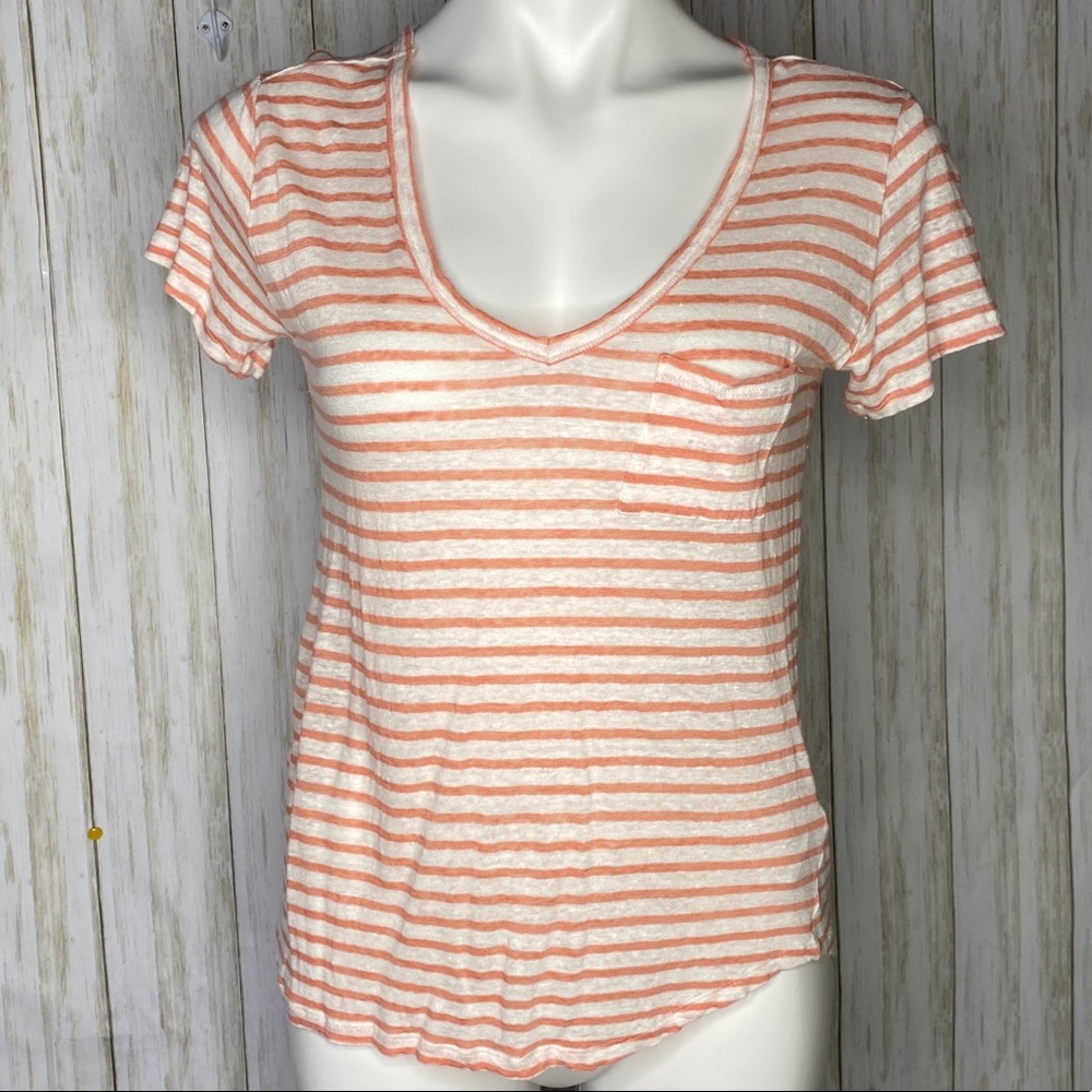 🍋 Paige Denim Tee 100% Linen V Neck Stripe T Med